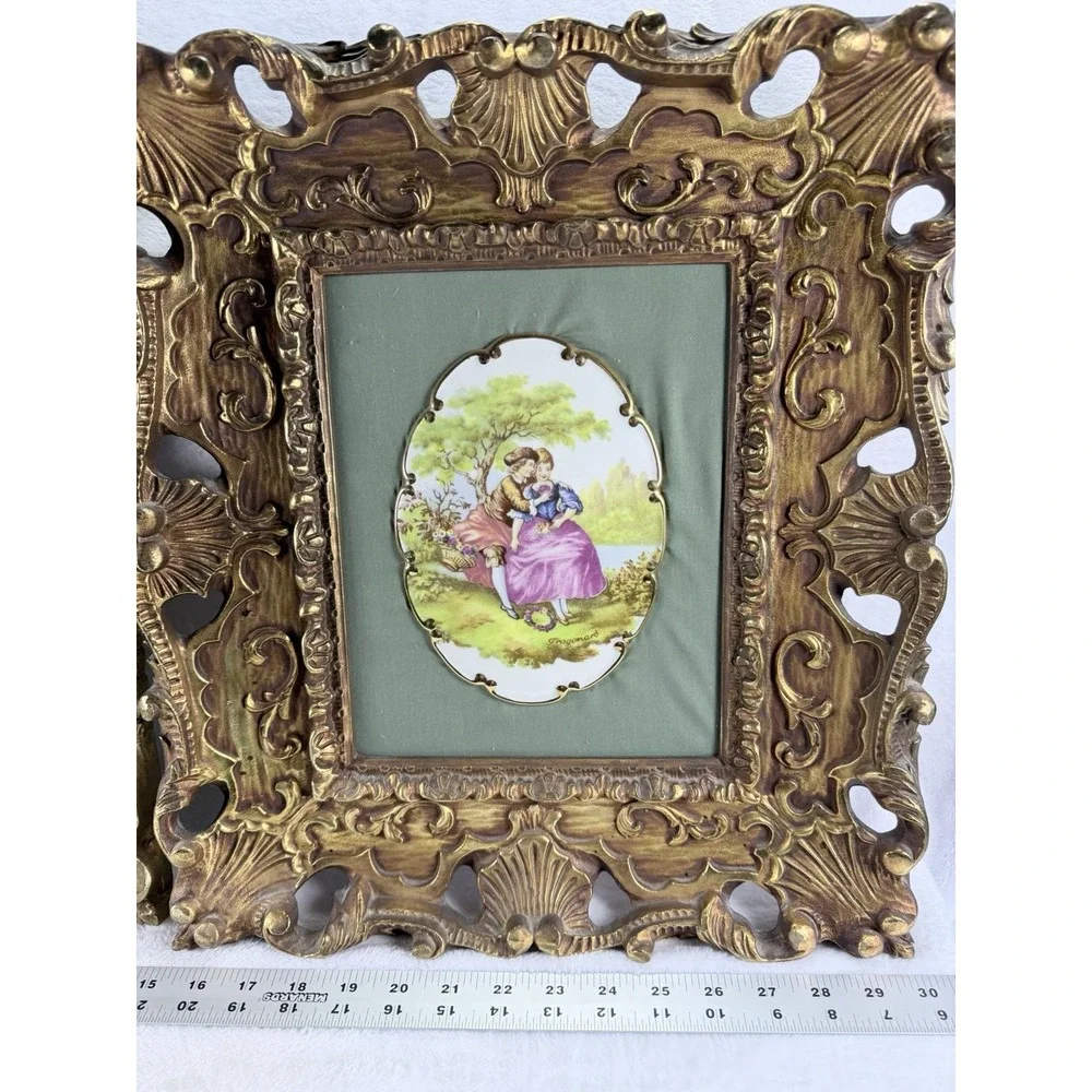 VTG Fragonard Courting Couple Porcelain Plaques Carved Wood Ornate Gold Frame Lg